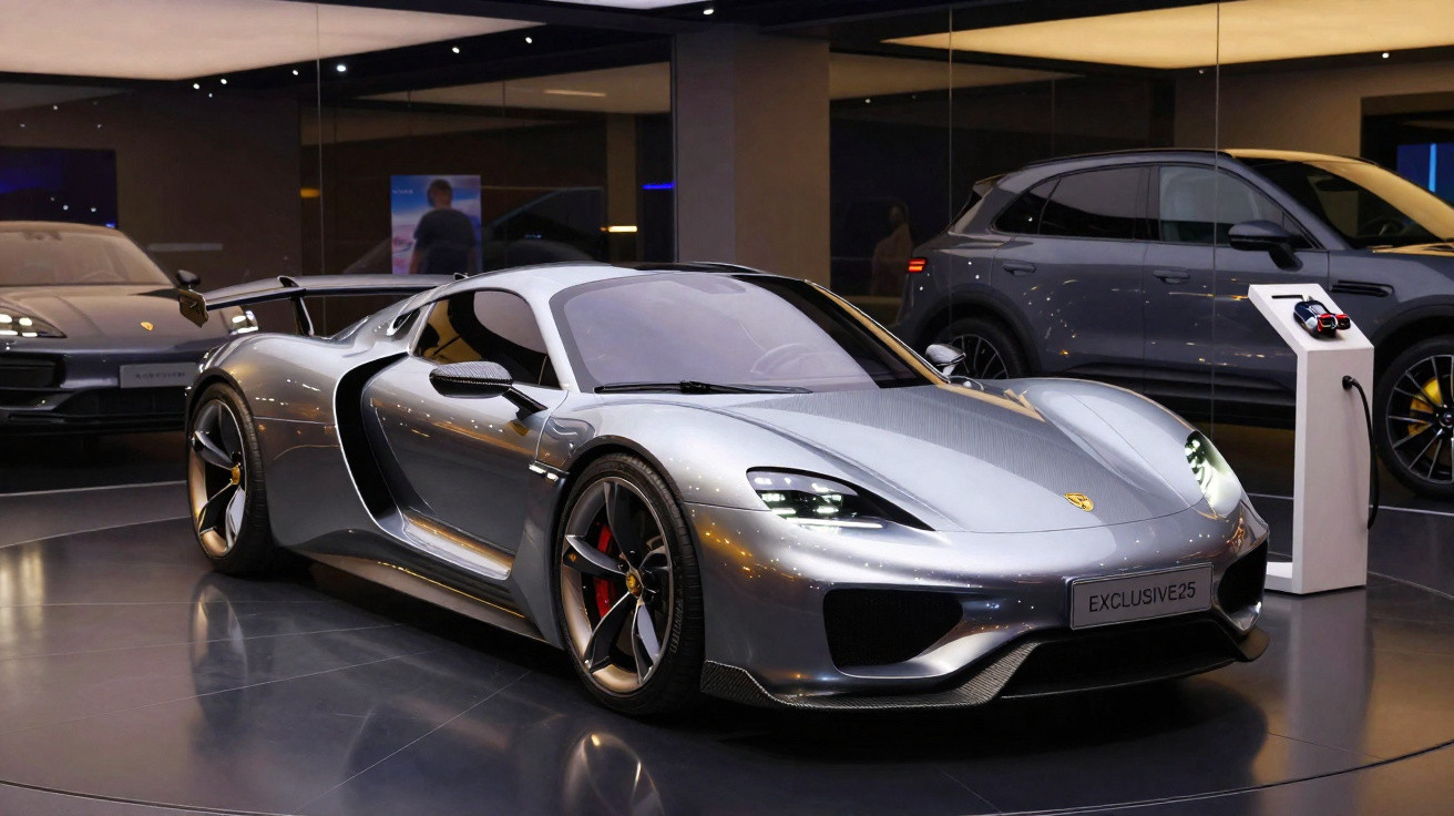 Carro esportivo prata Porsche em exposição dentro de showroom moderno com piso refletivo.