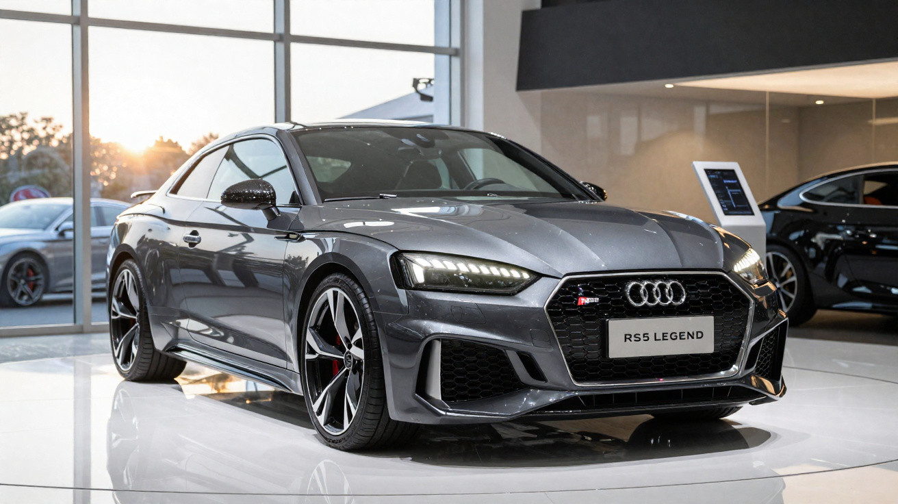 Carro esportivo Audi RS5 Legend cinza exibido em showroom com iluminação natural e artificial.