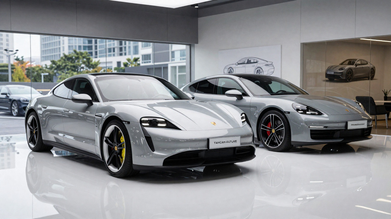 Dois carros esportivos cinza prata da Porsche exibidos em showroom moderno com vidro e reflexos no piso branco.