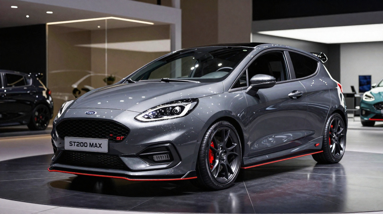 Carro esportivo cinza Ford ST200 MAX em exposição, com detalhes vermelhos e rodas pretas.