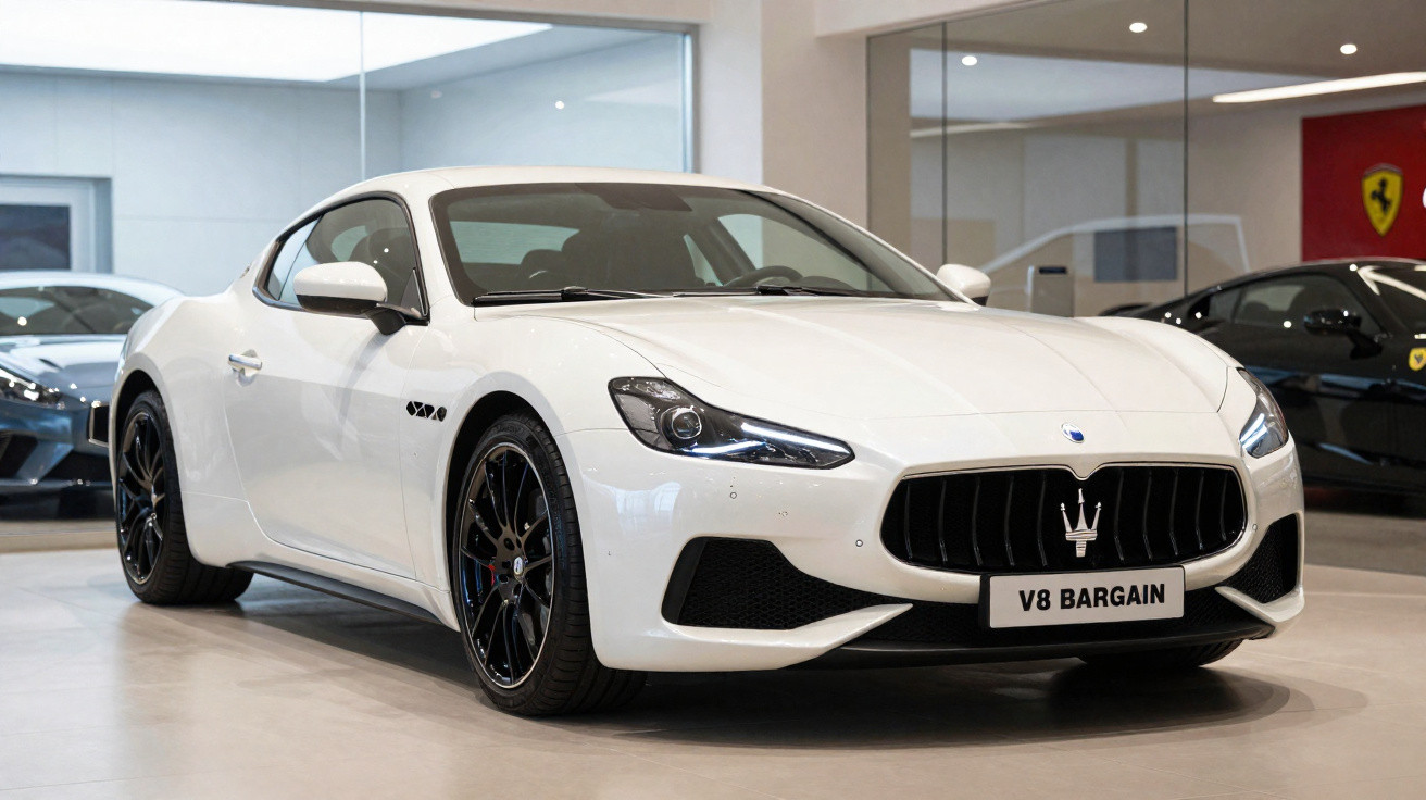 Carro esportivo branco Maserati com rodas pretas em showroom moderno com carro Ferrari ao fundo.