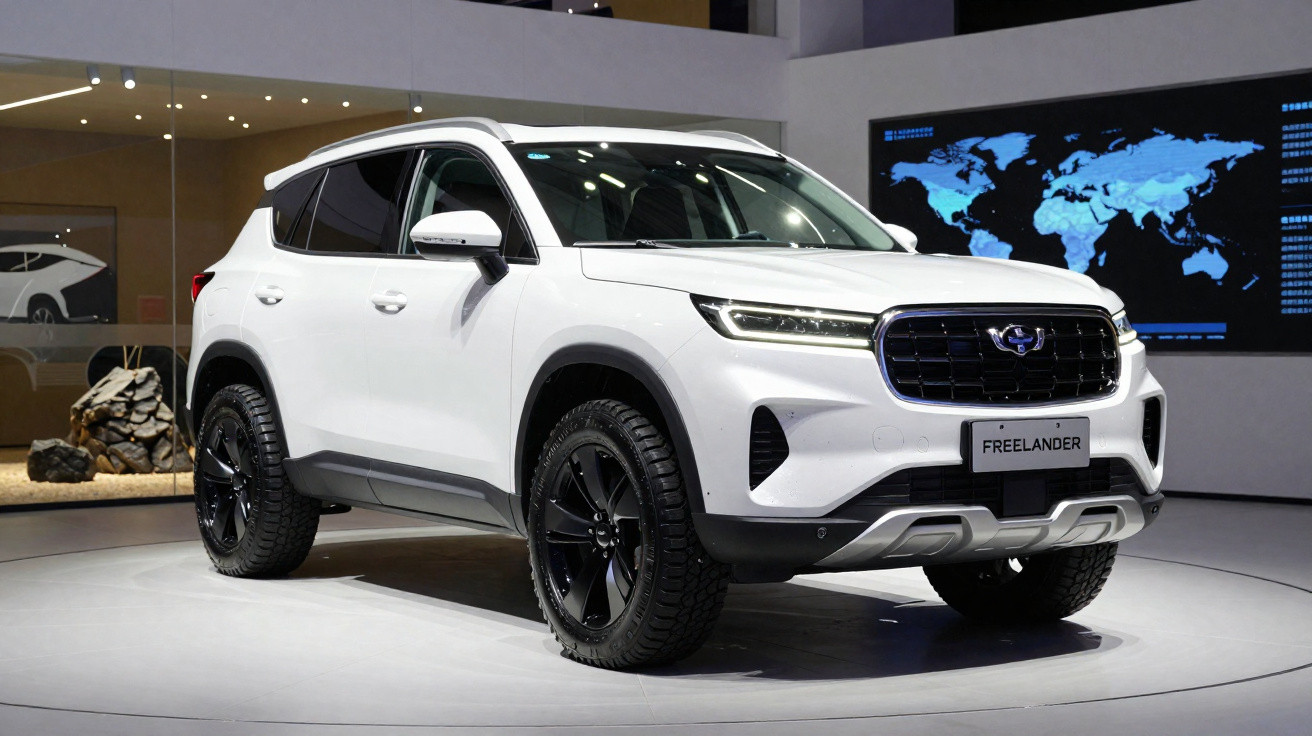 SUV branco modelo Freelander exposto em plataforma iluminada dentro de salão de automóveis moderno.