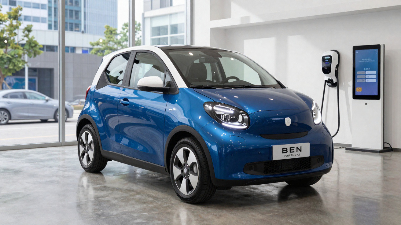 Carro elétrico compacto azul com teto branco estacionado em showroom com carregador ao fundo.