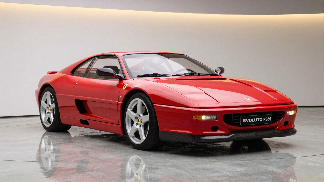 Carro esportivo vermelho Ferrari Evoluto F355 estacionado em piso refletivo sob iluminação branca.