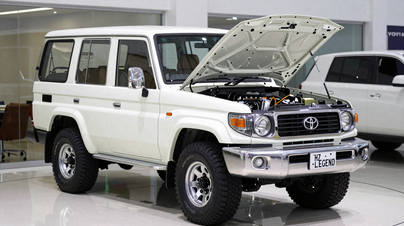SUV branco Toyota Land Cruiser estacionado em garagem com capô aberto mostrando o motor.