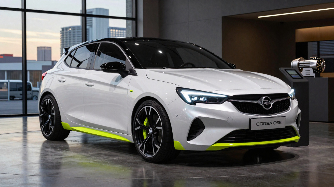 Carro branco Opel Corsa GSe estacionado em ambiente interno com detalhes em verde-limão e rodas pretas.