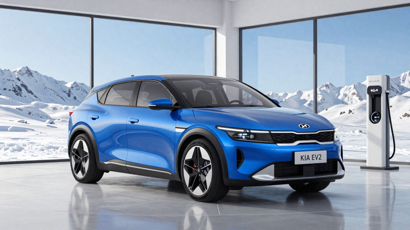 Carro elétrico azul Kia EV2 estacionado em ambiente interno com paisagem de montanhas nevadas ao fundo.