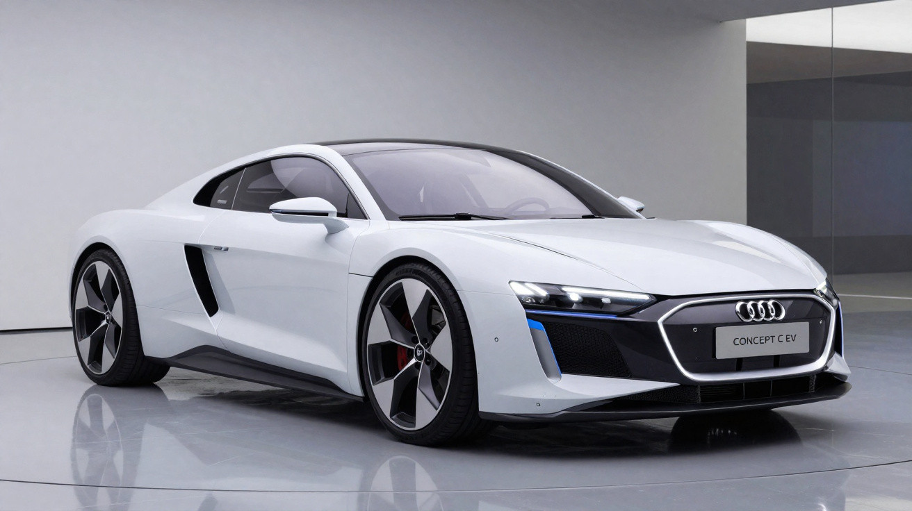 Carro esportivo branco Audi Concept C EV estacionado em ambiente interno moderno e minimalista.