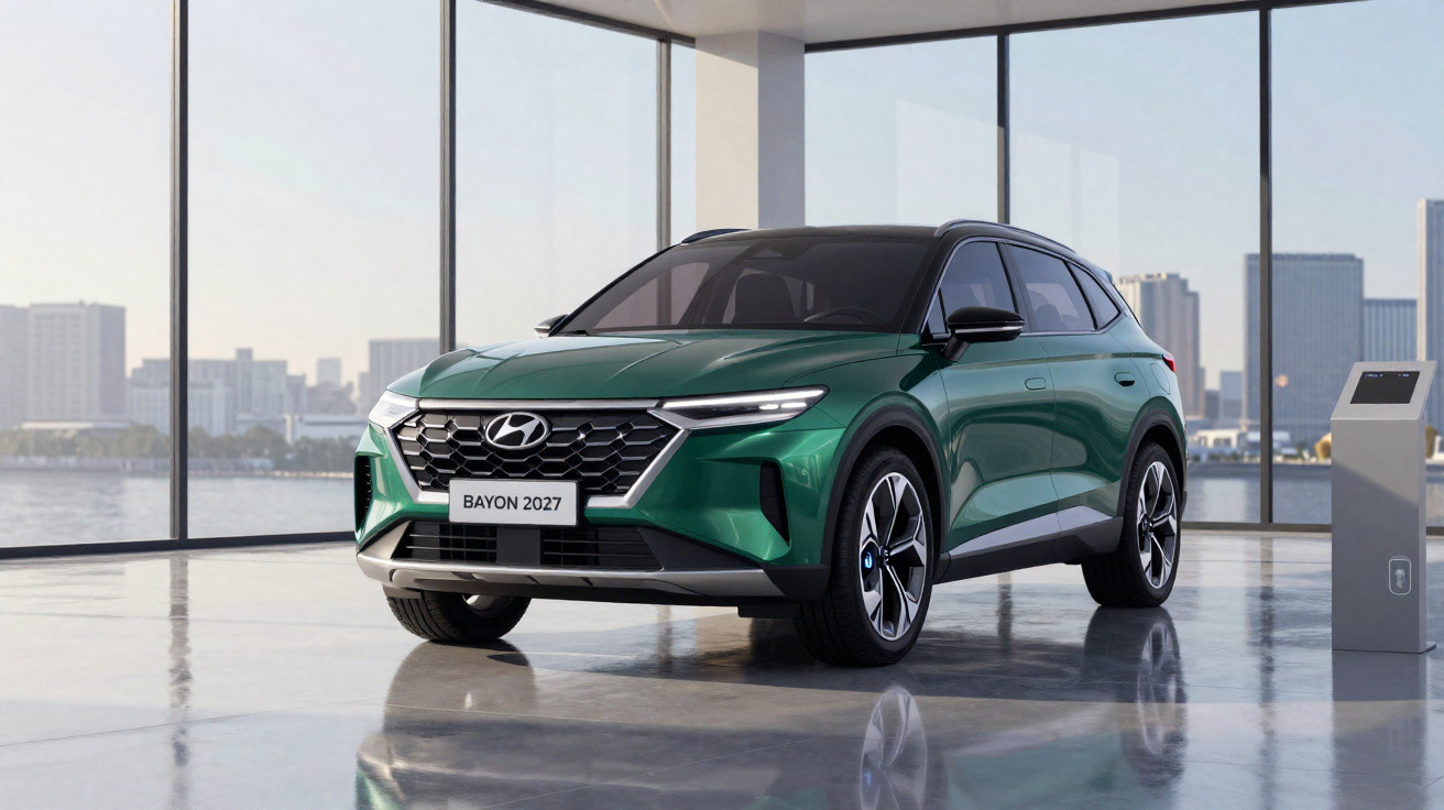 Carro SUV Hyundai Bayon 2027 verde exposto em showroom moderno com janelas grandes e vista urbana.