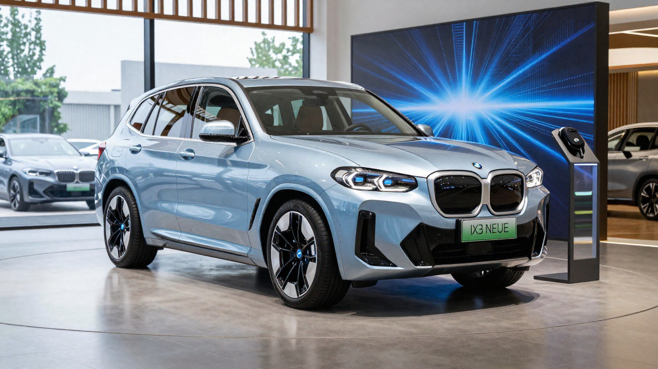 Carro elétrico BMW iX3 em exposição interna com painel digital azul ao fundo.
