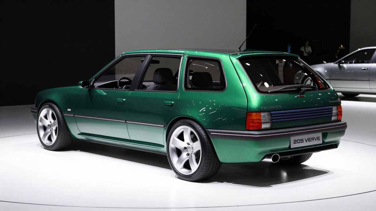 Carro hatchback verde metálico com design clássico em exposição, modelo 205 Verve.