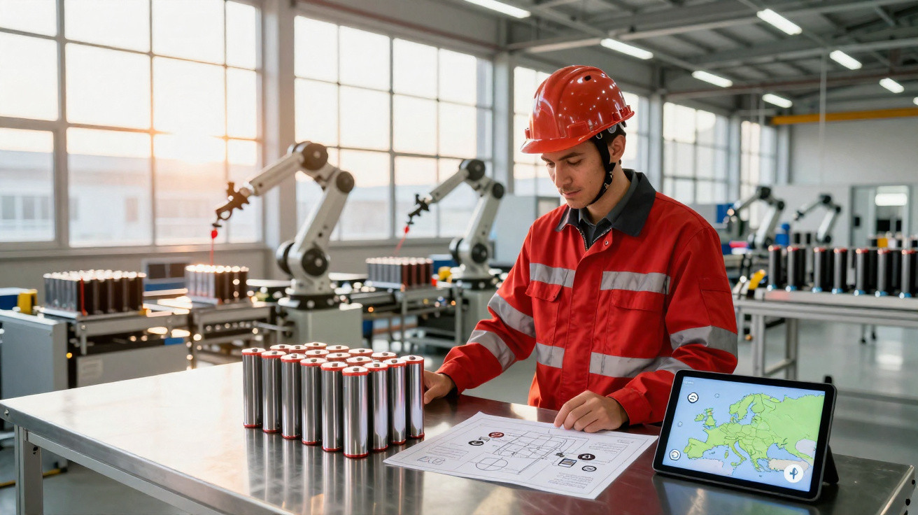 Homem com capacete e uniforme avermelhado trabalha em fábrica de baterias com robôs industriais ao fundo.