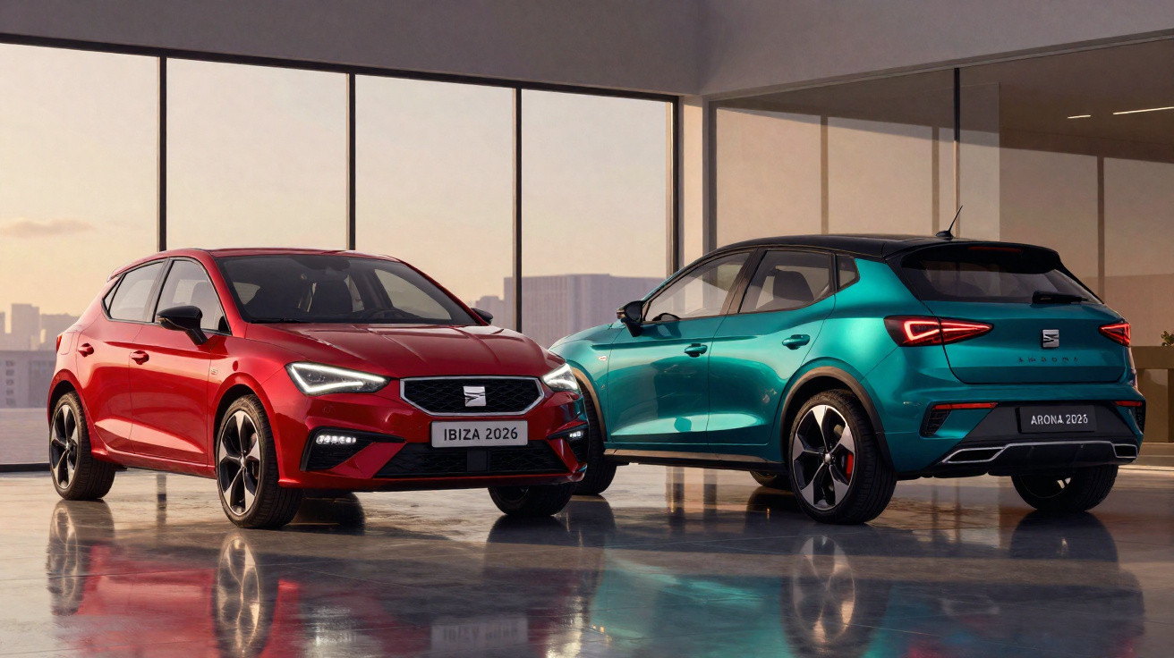 Dois carros SEAT 2026, Ibiza vermelho e Arona verde, em ambiente interno com vidro panorâmico.