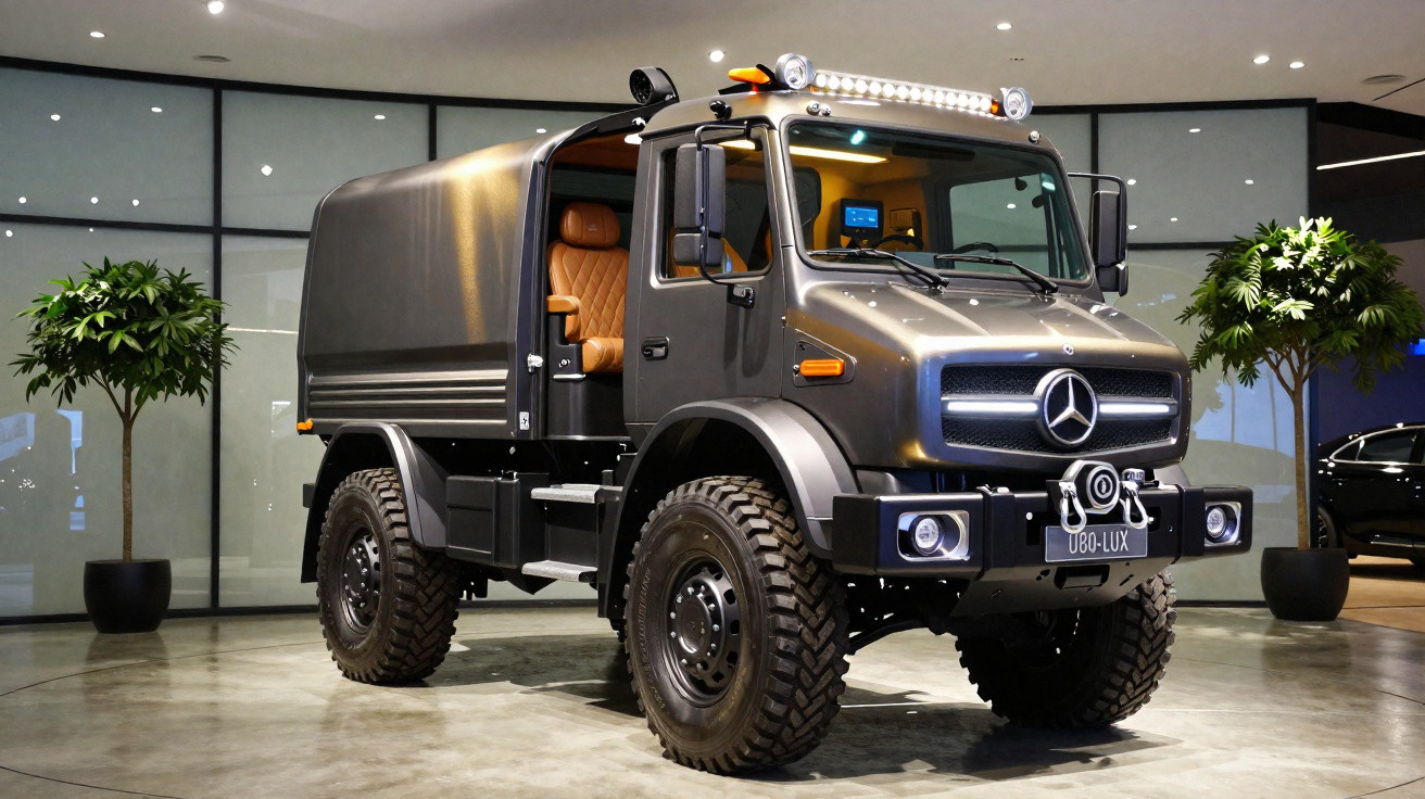 Caminhão Mercedes-Benz 4x4 cinza escuro com pneus off-road em showroom moderno com plantas.
