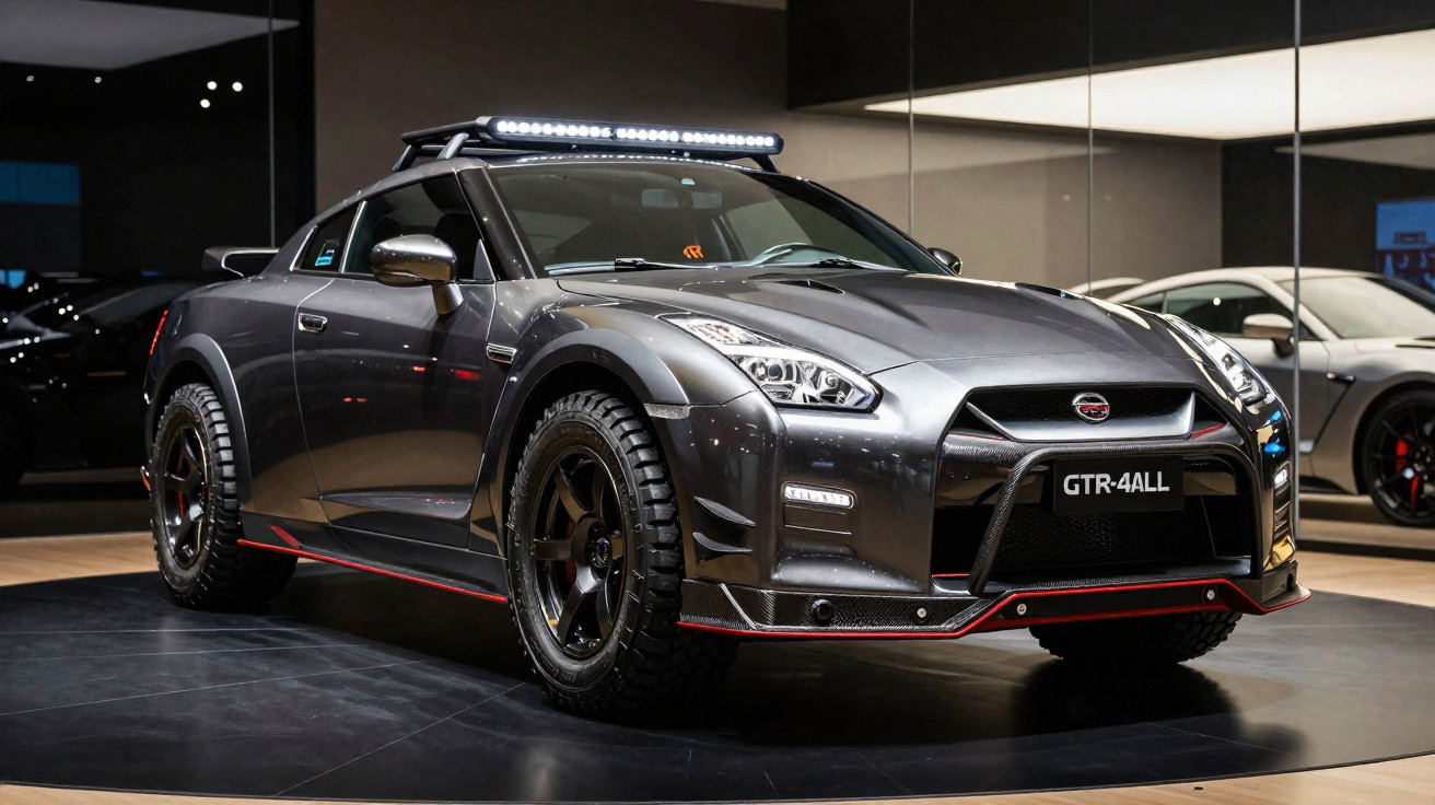 Carro esportivo cinza escuro com farol de LED no teto, pneus off-road e placa GTR-4ALL em exposição.