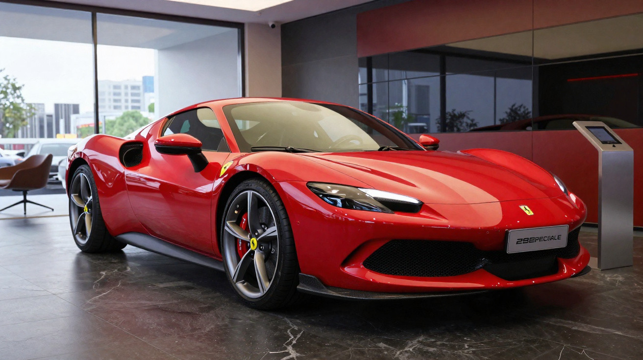 Carro esportivo vermelho Ferrari 296 GTB em showroom moderno com paredes de vidro e móveis sofisticados.