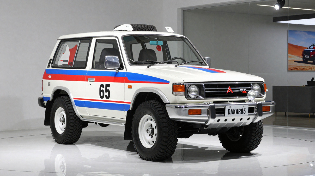 Carro off-road branco com detalhes em azul e vermelho, número 65, exibido em ambiente interno.