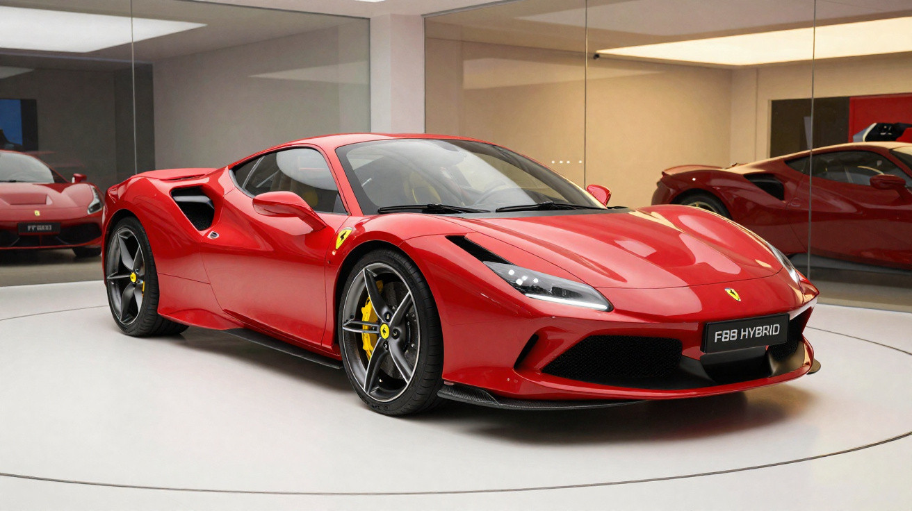 Carro esportivo Ferrari F8 2023 vermelho em sala branca com espelho refletindo o veículo.