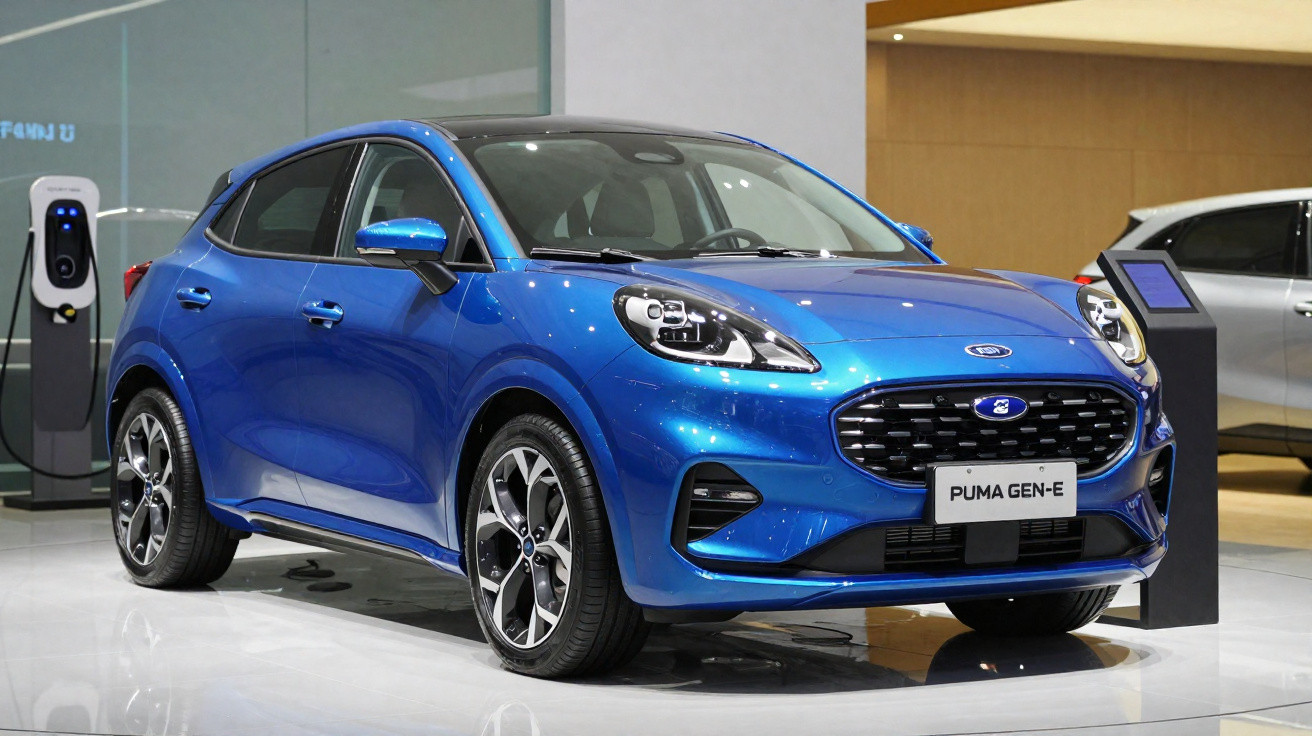 Carro azul elétrico Ford Puma Gen-E exposto em showroom com estação de recarga ao fundo.