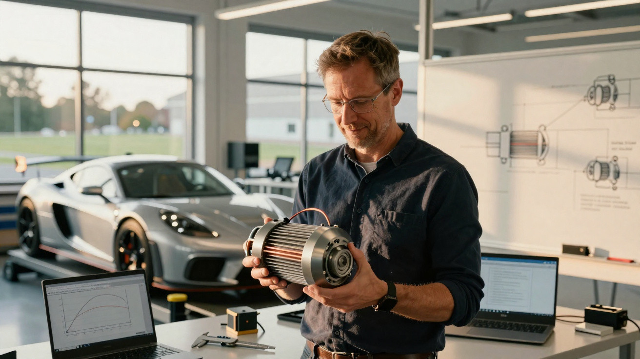 Engenheiro em oficina com motor elétrico nas mãos e carro esportivo ao fundo, analisando desempenho.