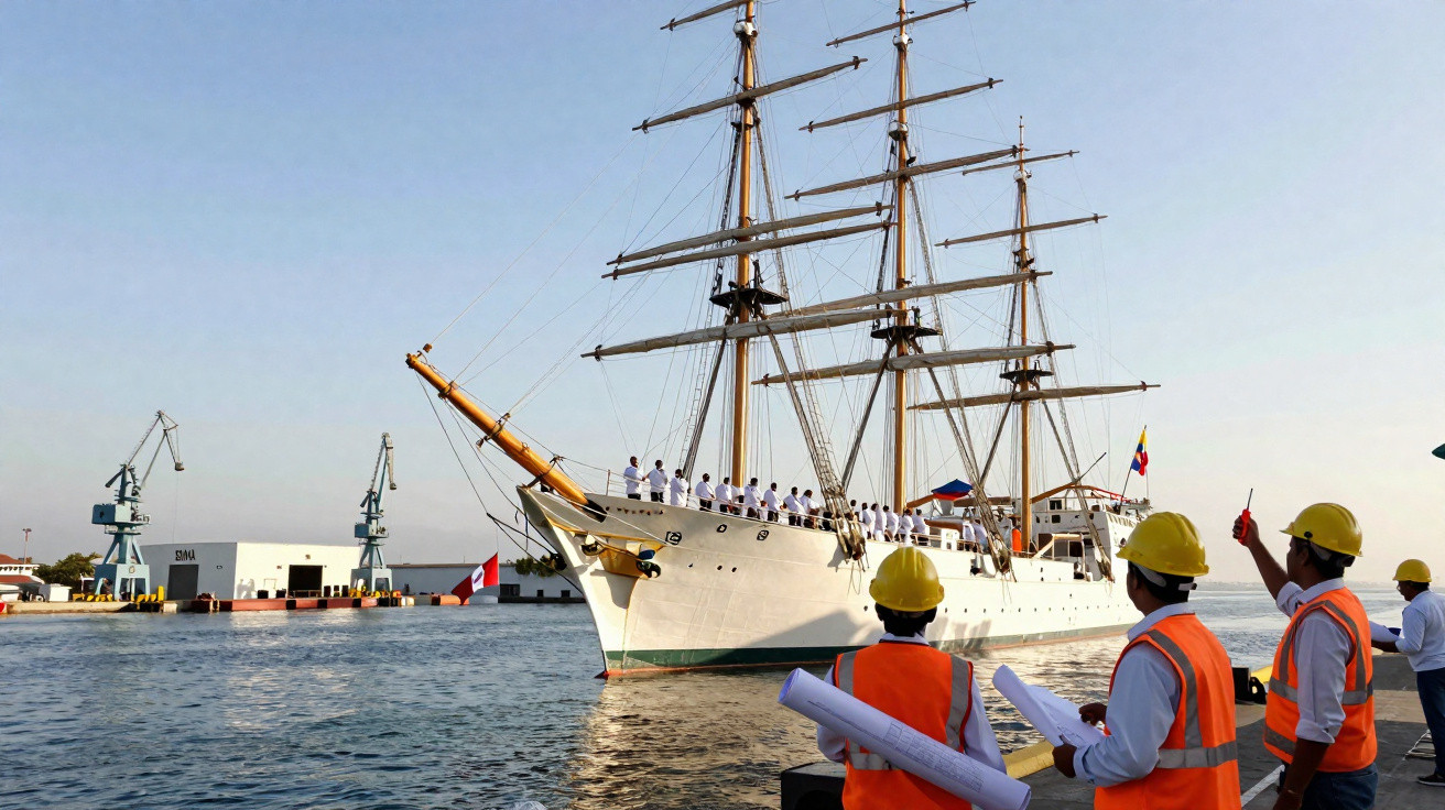 Barco veleiro branco atracado no porto com equipe de marinheiros e trabalhadores de construção com capacetes e coletes.