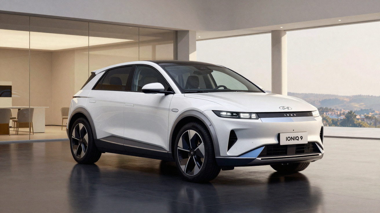 Carro elétrico branco Hyundai Ioniq 9 estacionado em piso de garagem moderna com paredes claras e janelas grandes.