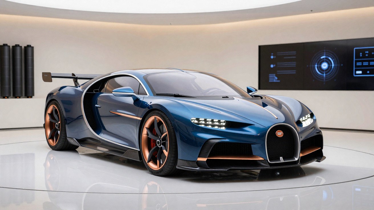 Carro esportivo Bugatti Chiron azul com detalhes em cobre em ambiente interno moderno e iluminado