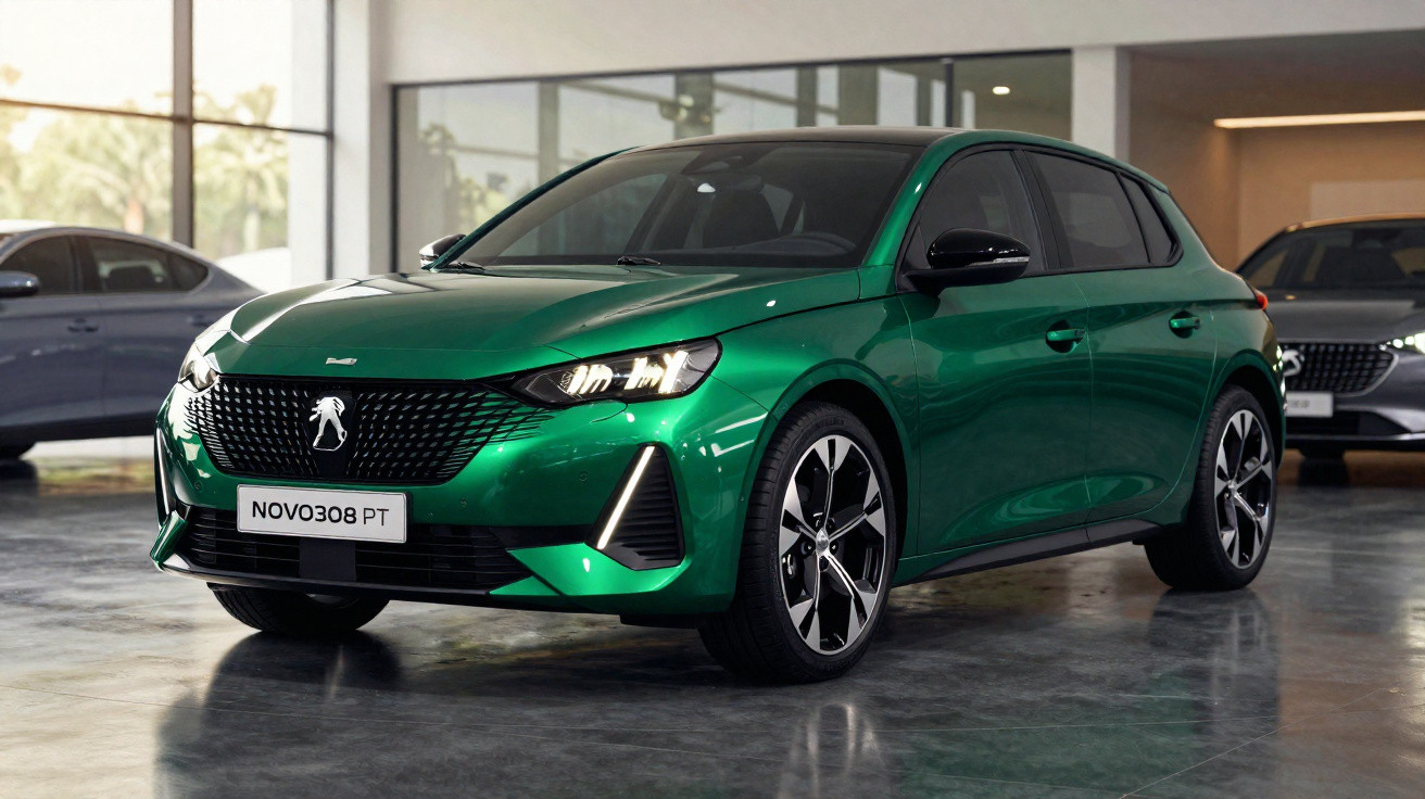 Carro verde escuro Peugeot Novo 308 PT estacionado em showroom moderno com piso refletivo.