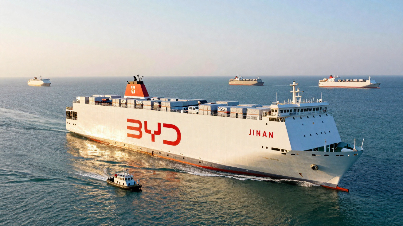 Navio cargueiro BYD Jinan navegando em mar calmo com outros navios ao fundo durante o dia.