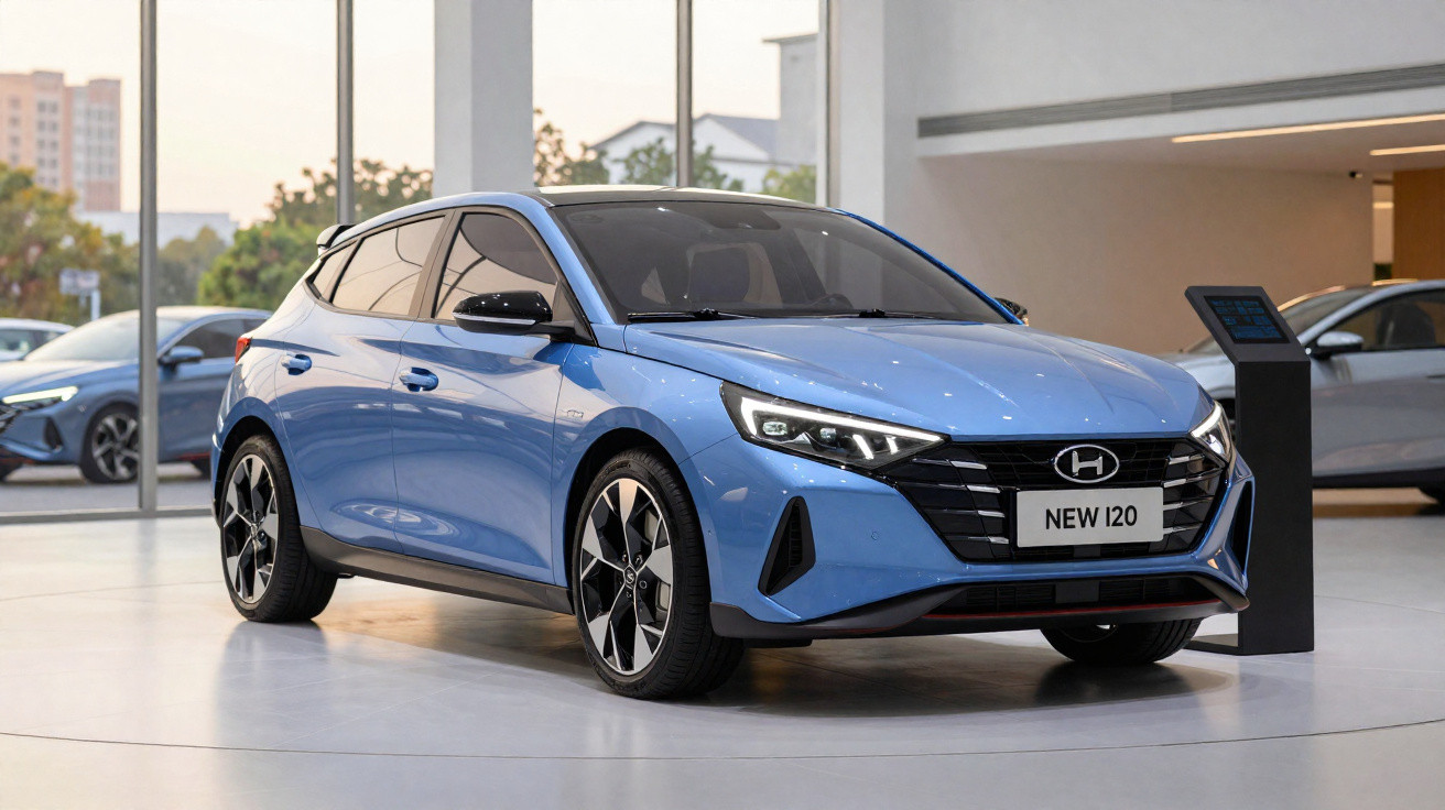 Carro hatchback azul Hyundai New i20 exposto em showroom moderno com grandes janelas.