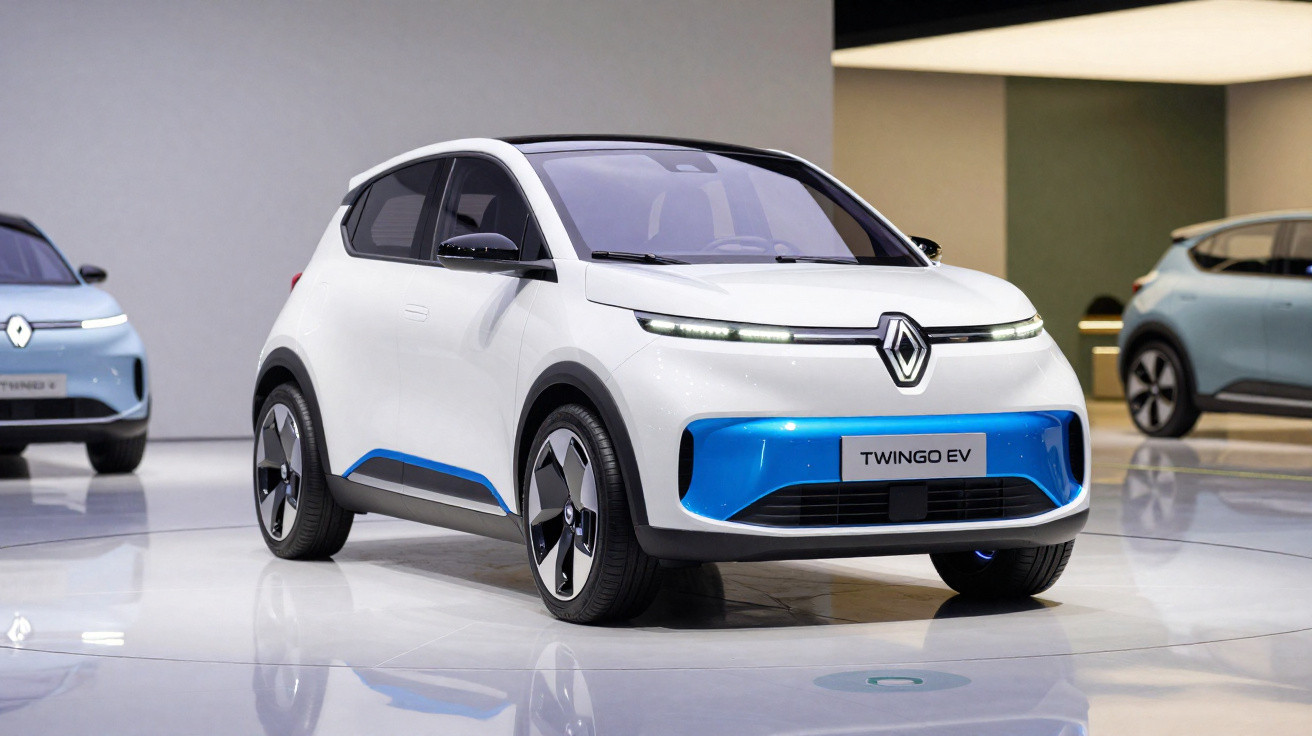 Carro elétrico branco Renault Twingo EV exibido em salão de automóveis com detalhes azuis.