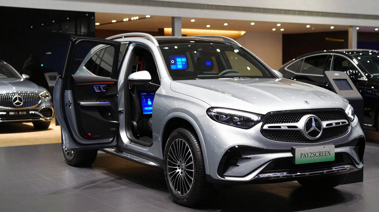 Carro SUV Mercedes-Benz prata com porta traseira aberta em exposição interna.