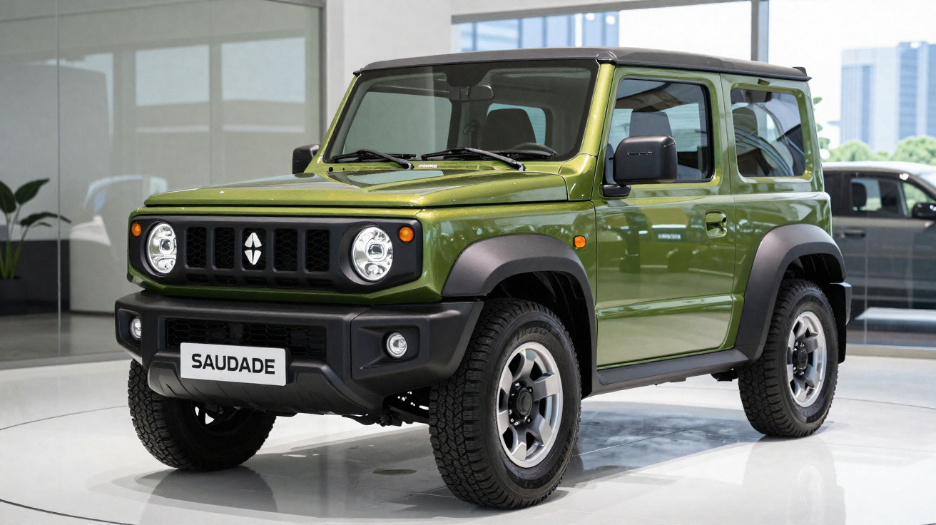Carro SUV compacto verde com placa "Saudade" exibido em showroom moderno e iluminado.