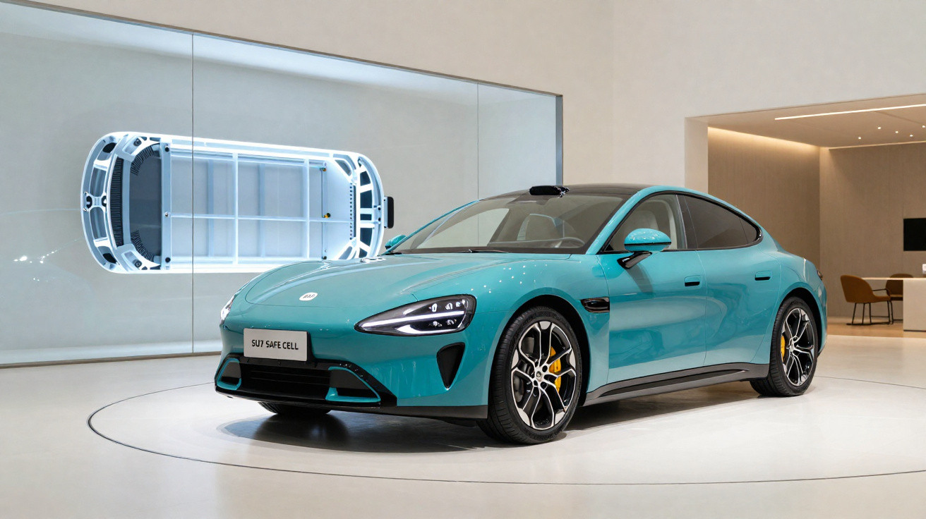 Carro elétrico azul exibido em showroom moderno com painel iluminado ao fundo.