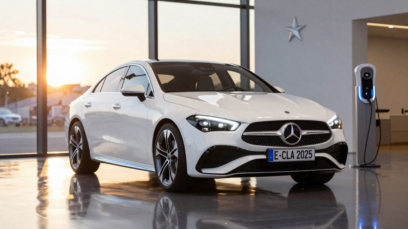 Carro elétrico Mercedes-Benz branco estacionado em ambiente interno com estação de recarga ao lado.