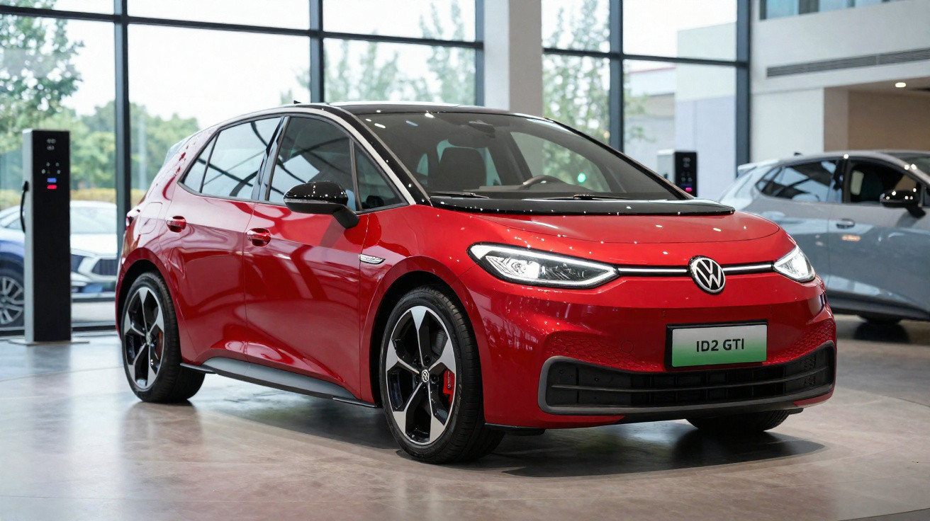 Carro elétrico VW ID.2 GTI vermelho em showroom moderno com bancos pretos e rodas esportivas.