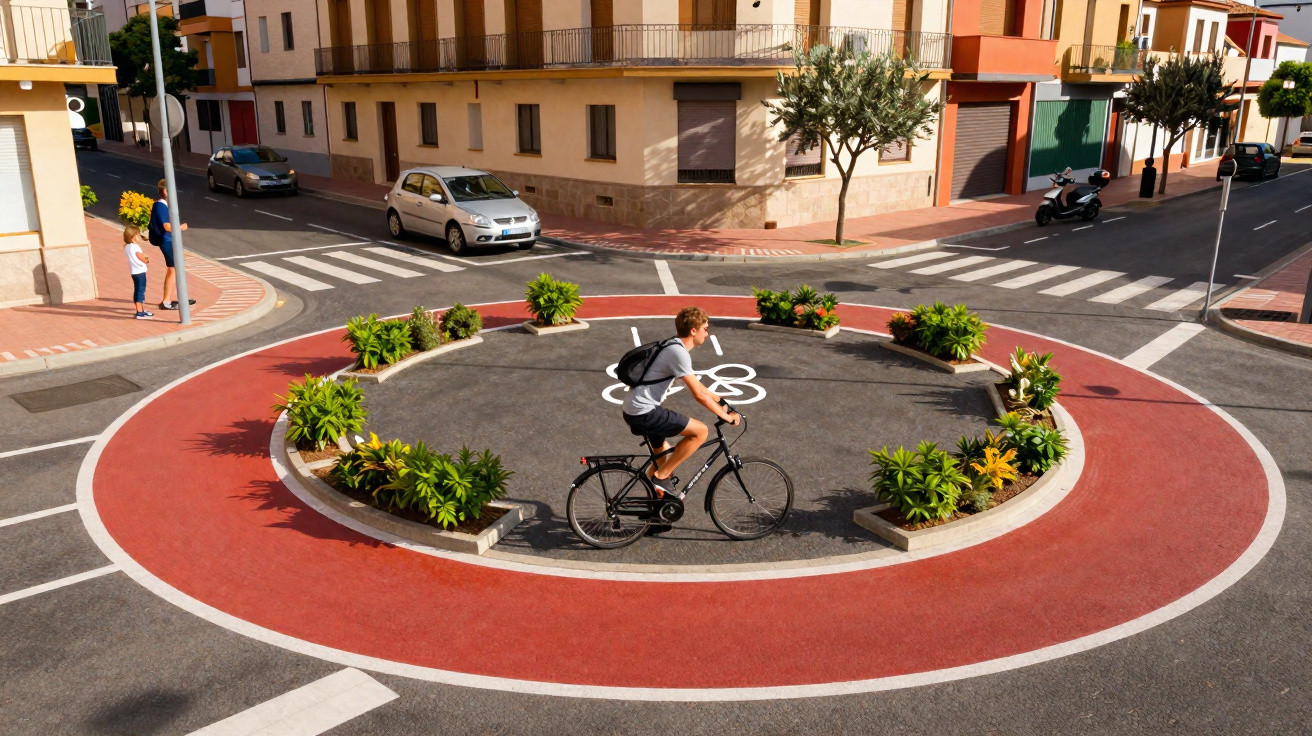 Rotatória com ciclovia vermelha e plantas ao centro, ciclista passando, carros e pedestres ao redor em área urbana.