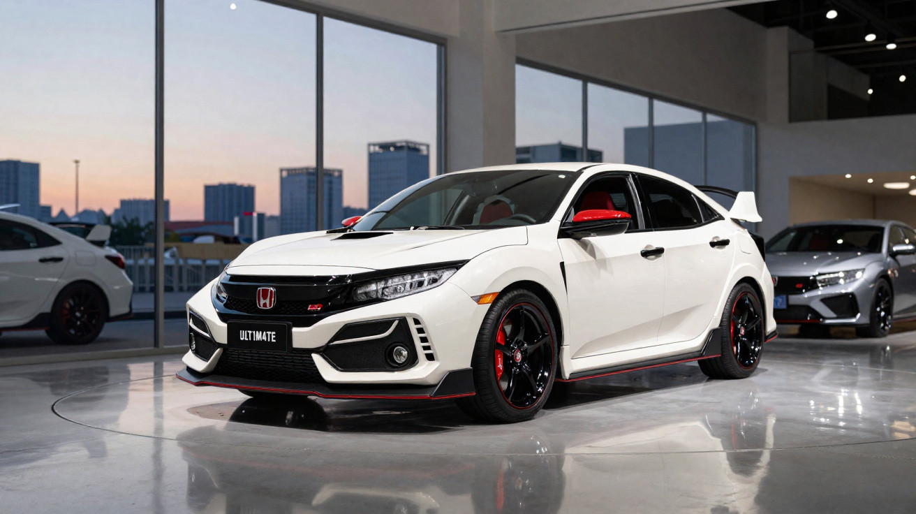 Carro esportivo branco Honda Civic Type R em showroom moderno com janelas grandes ao fundo.