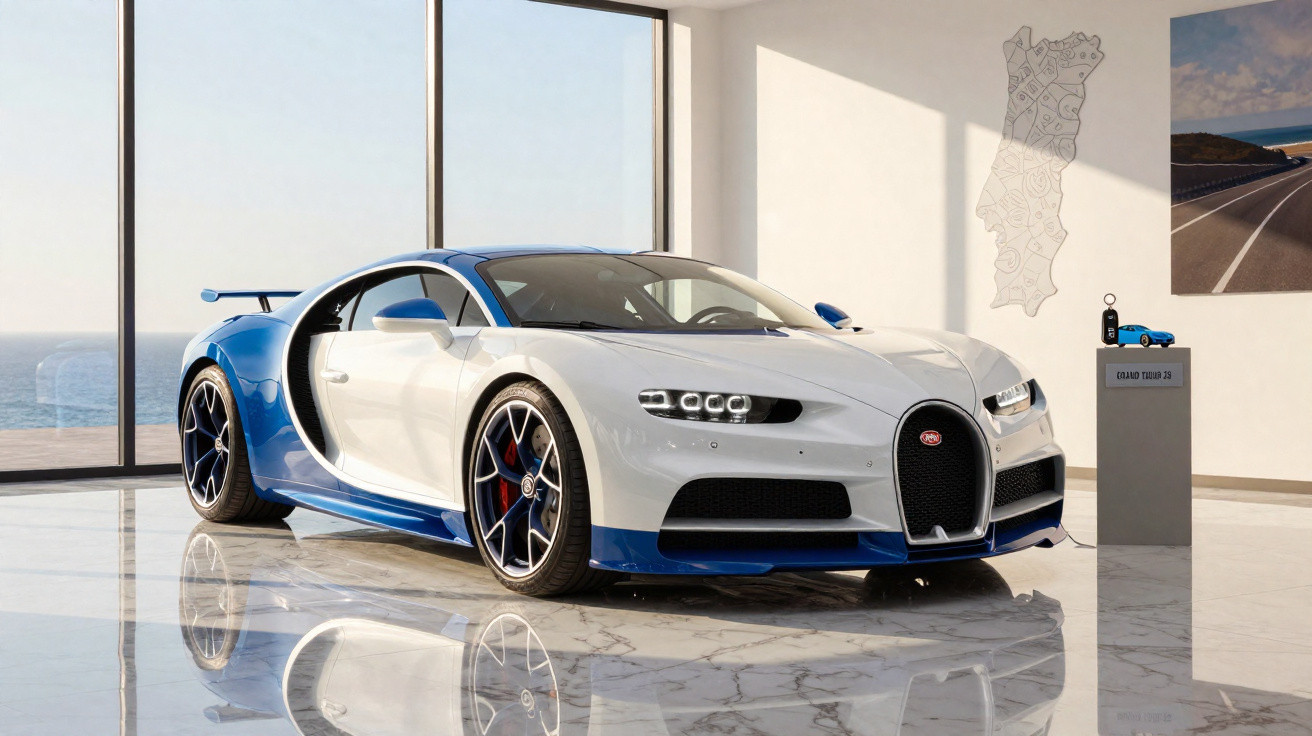 Carro esportivo Bugatti Chiron branco e azul em salão com piso de mármore e grande janela.