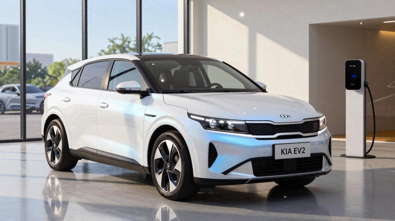 Carro elétrico branco Kia EV2 em ambiente interno moderno com carregador elétrico ao fundo.
