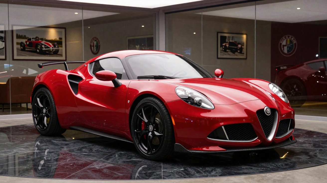 Carro esportivo vermelho Alfa Romeo 4C estacionado em salão com parede de vidro e pinturas automotivas.