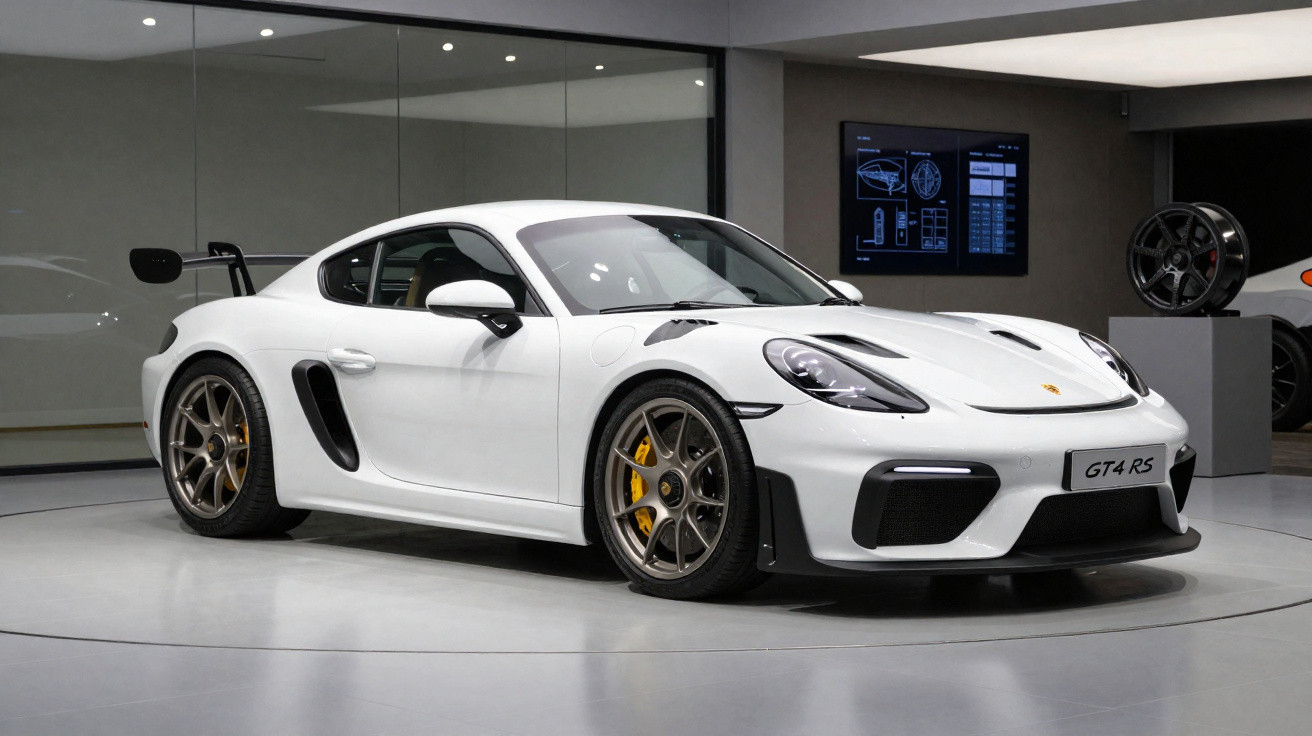 Carro esportivo branco Porsche GT4 RS em exposição interna com rodas douradas e aerofólio traseiro.
