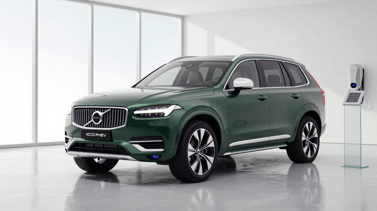 Carro SUV Volvo XC90 verde estacionado em ambiente iluminado com carregador elétrico na parede.