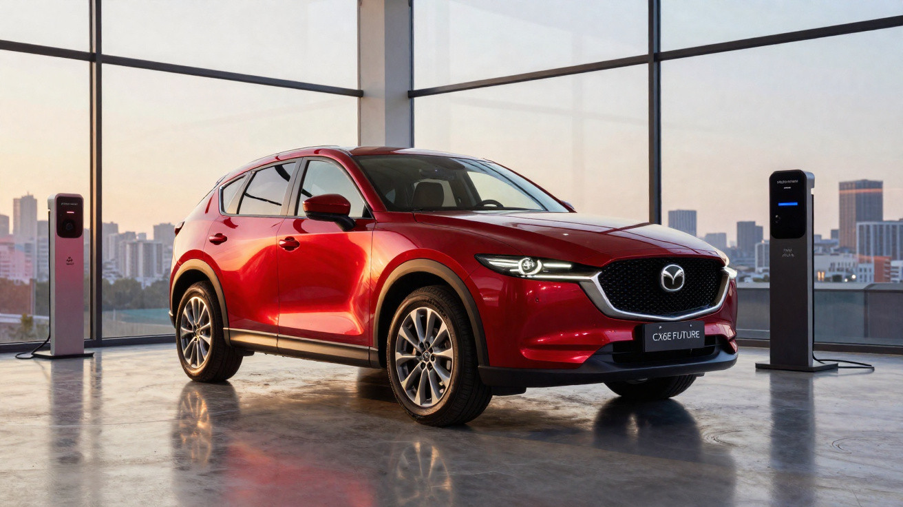 Carro SUV vermelho da Mazda estacionado em carregadores com vista urbana ao fundo.