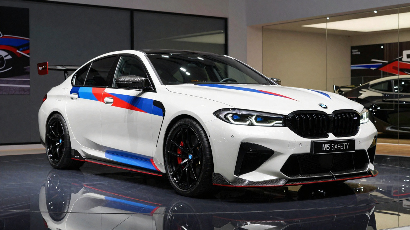 BMW M5 Safety branco com detalhes em azul e vermelho exibido em salão de automóveis moderno.