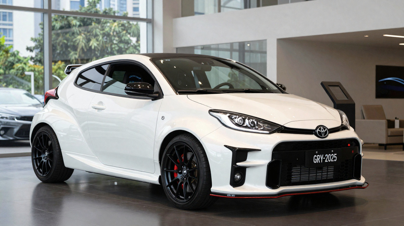 Carro esportivo branco Toyota GR Yaris 2025 em exposição interna com rodas pretas e detalhes vermelhos.