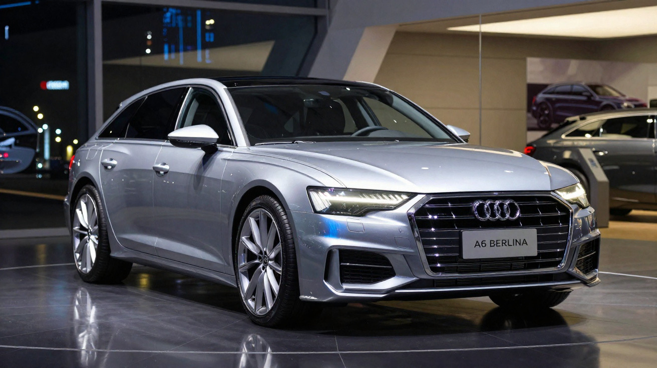 Carro Audi A6 Berlina prata em exposição em showroom moderno com piso refletivo.