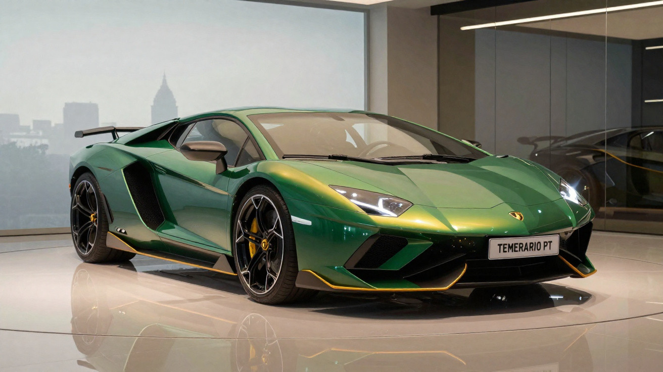 Carro esportivo Lamborghini verde metálico em exposição interna com teto de vidro e rodas pretas.