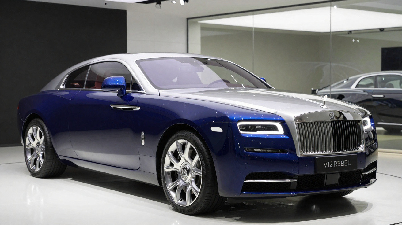 Carro esportivo de luxo azul e prata Rolls-Royce Wraith V12 Rebel em exposição interna.