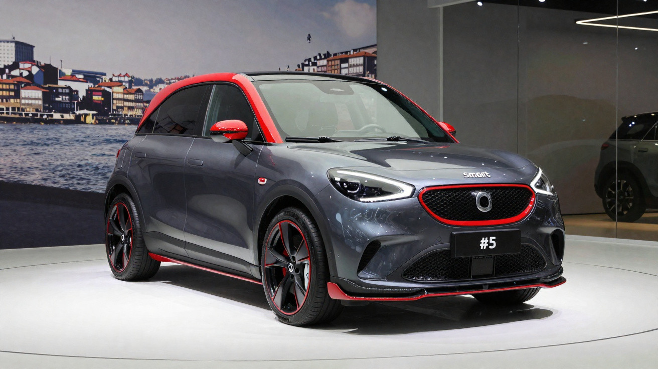 Carro compacto cinza com detalhes vermelhos em exibição em ambiente interno com fundo urbano.